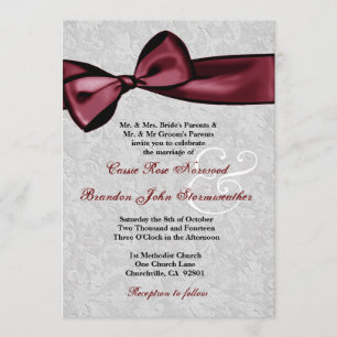 Silver Damask with Wine Red Printed Bow Wedding Invitation