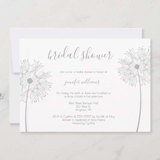 Silver dandelion floral bridal shower invitations (Front)