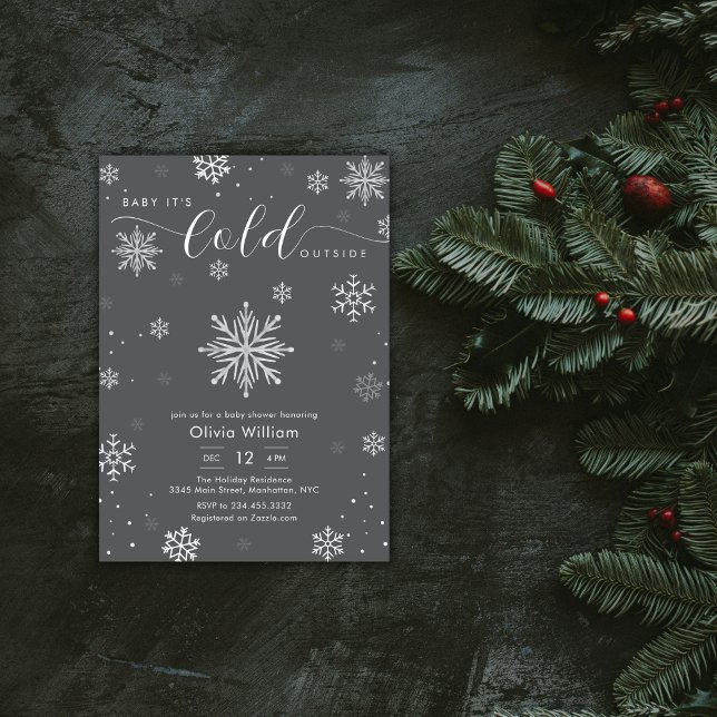 Silver Dark Grey Winter Snowflake Baby Shower  Invitation (Silver Dark Grey Winter Snowflake Baby Shower Invitation)