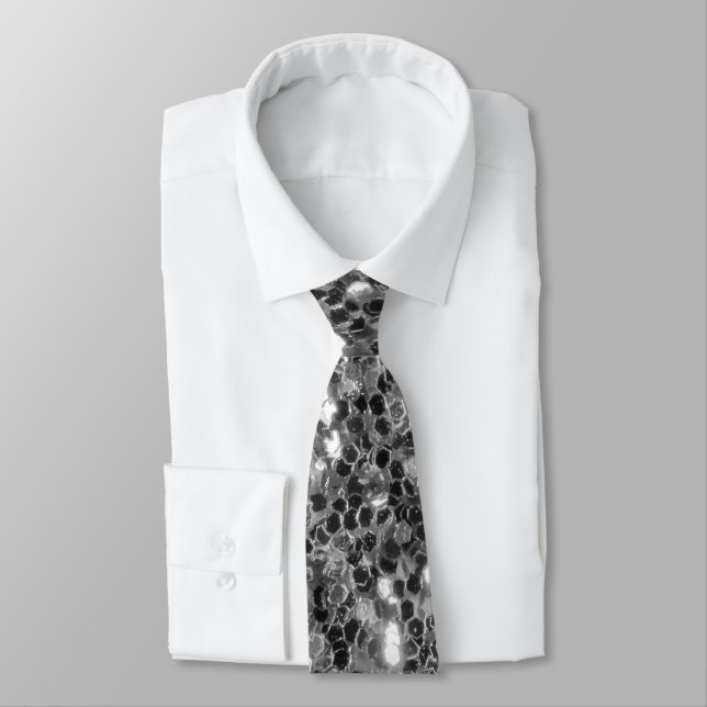 Silver dark sparkles glitter black and white  tie (Tied)