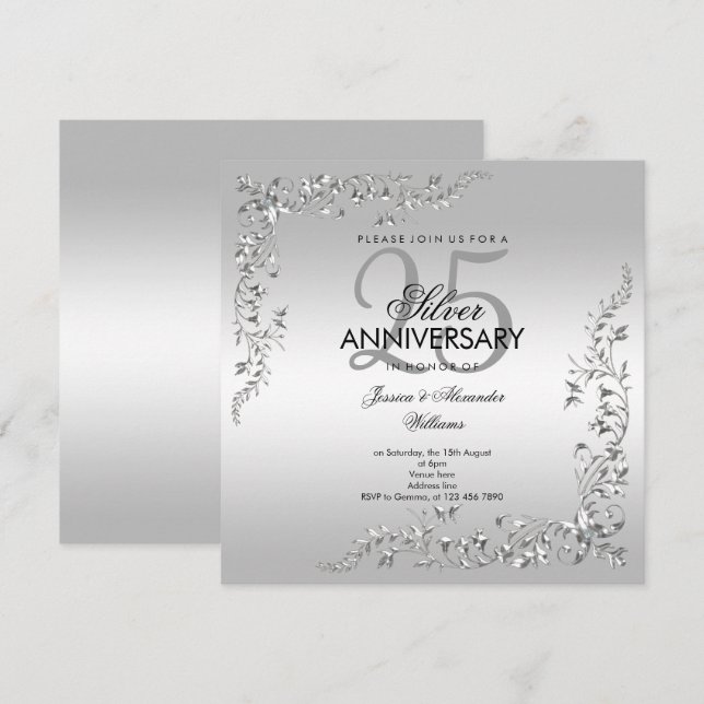 Silver Decoration 25th Wedding Anniversary Invitation (Front/Back)