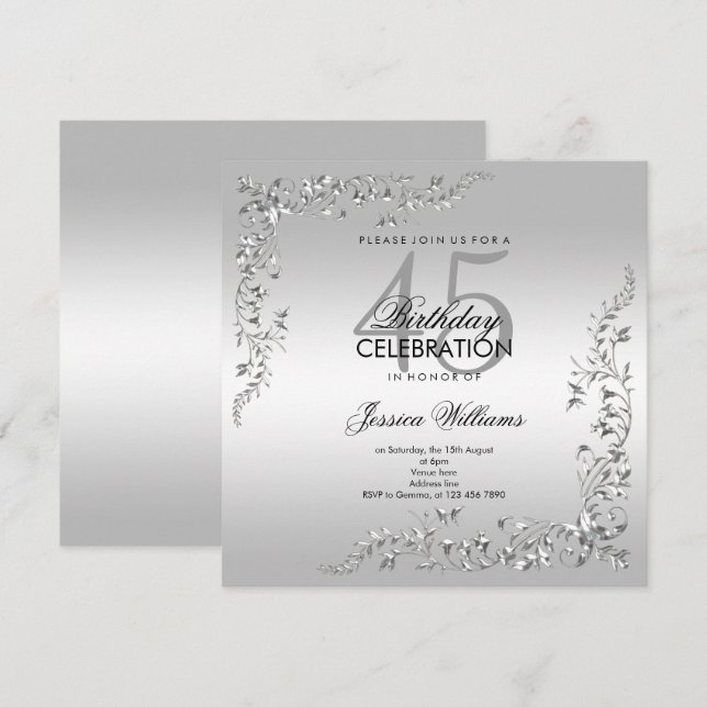 Silver Decoration 45th Birthday Party Invitation (Front/Back)