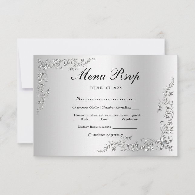 Silver Decoration Wedding Menu RSVP (Front)