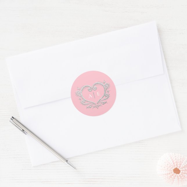 Silver decorative heart monogram pink wedding classic round sticker (Envelope)
