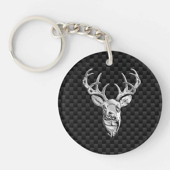 Silver Deer Buck on Carbon Fibre Style Decor Key Ring (Front)