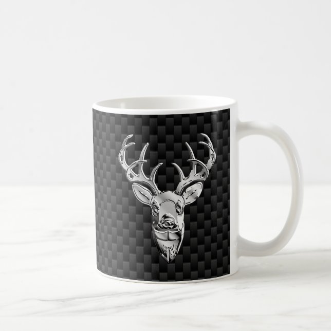 Silver Deer Decor on Carbon Fibre Style Print Coffee Mug (Right)
