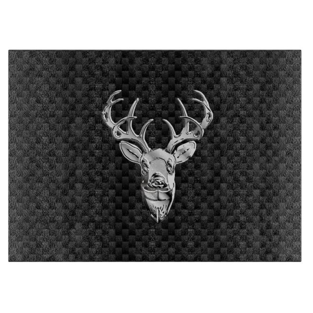 Silver Deer Design on Carbon Fibre Style Print Cutting Board (Front)