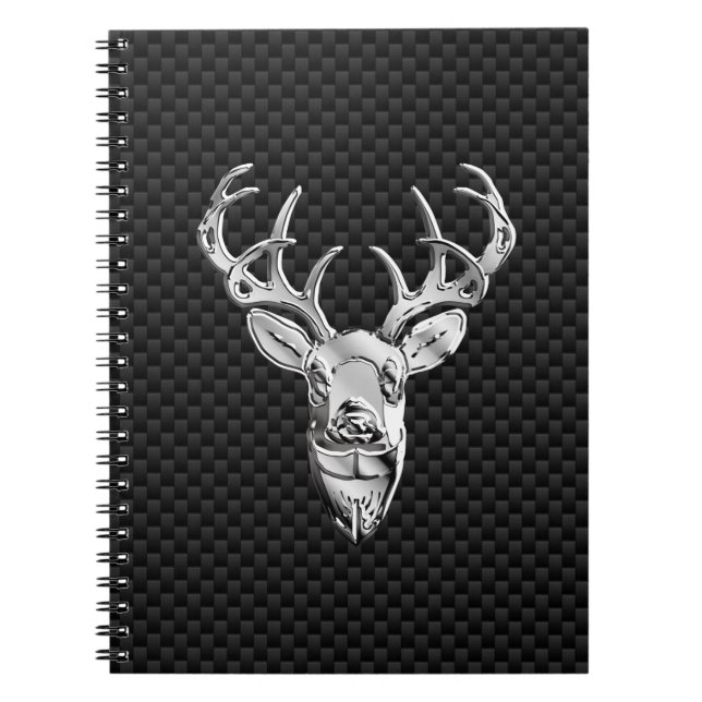 Silver Deer Face on Carbon Fibre Style Print Notebook (Front)