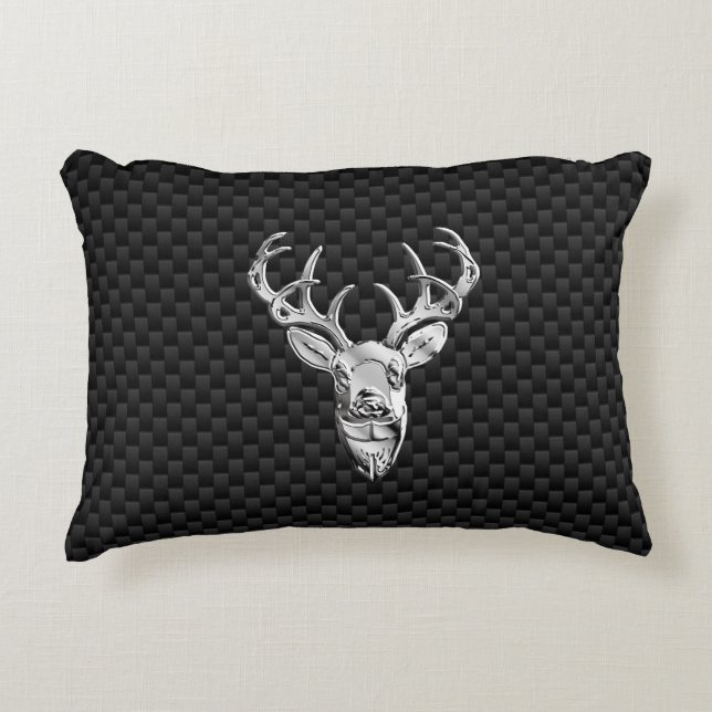 Silver Deer Graphic on Carbon Fiber Style Print Decorative Cushion (Front)