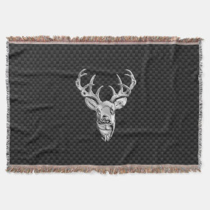 Silver Deer Graphic on Carbon Fibre Style Print Throw Blanket