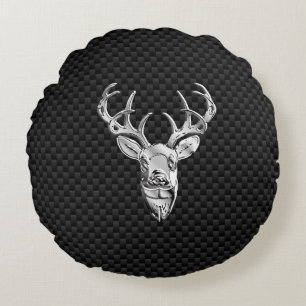 Silver Deer Head in Carbon Fibre Style Round Cushion