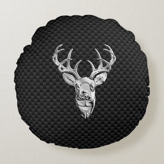 Silver Deer Head in Carbon Fibre Style Round Cushion (Front)