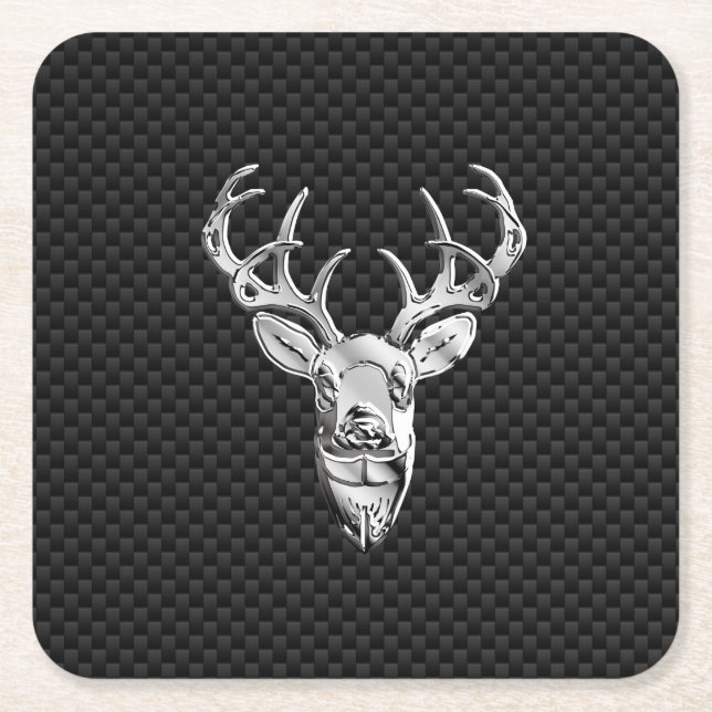 Silver Deer Head in Carbon Fibre Style Square Paper Coaster (Front)