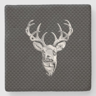 Silver Deer Head in Carbon Fibre Style Stone Coaster
