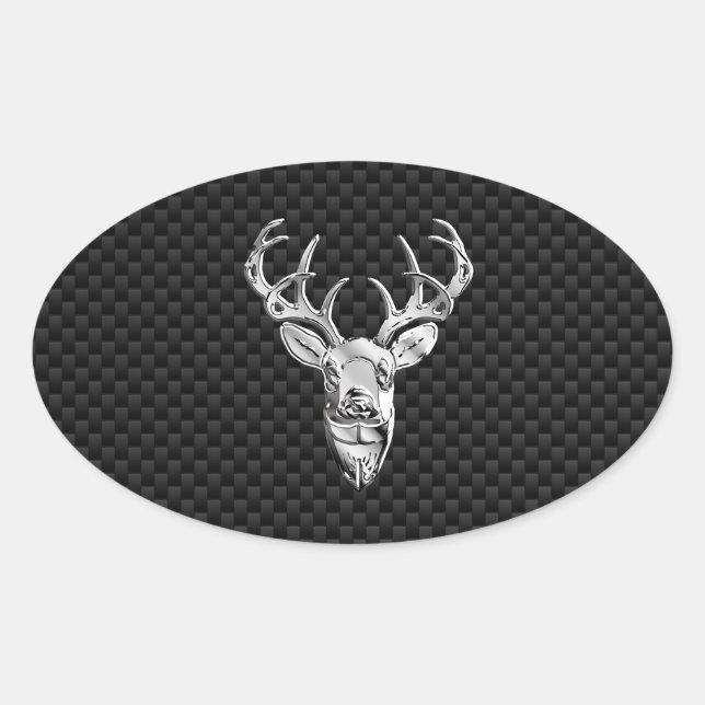 Silver Deer Head on Carbon Fibre Style Decor Oval Sticker (Front)