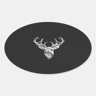 Silver Deer Head on Carbon Fibre Style Decor Oval Sticker