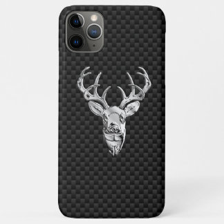 Silver Deer Head on Carbon Fibre Style Print iPhone 11 Pro Max Case