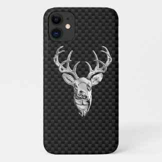 Silver Deer Head on Carbon Fibre Style Print iPhone 11 Case