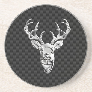 Silver Deer on Black Carbon Fibre Style Print Coaster