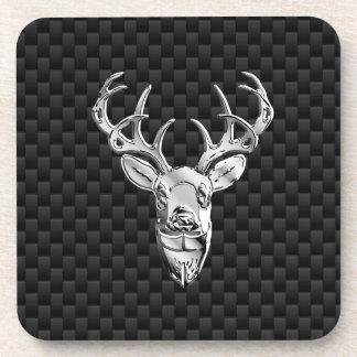 Silver Deer on Black Carbon Fibre Style Print Coaster