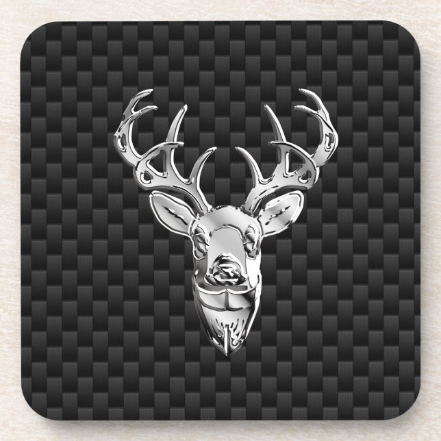 Silver Deer on Black Carbon Fibre Style Print Coaster (Front)