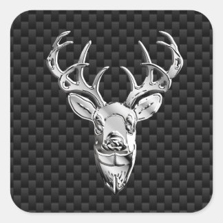Silver Deer on Black Carbon Fibre Style Print Square Sticker