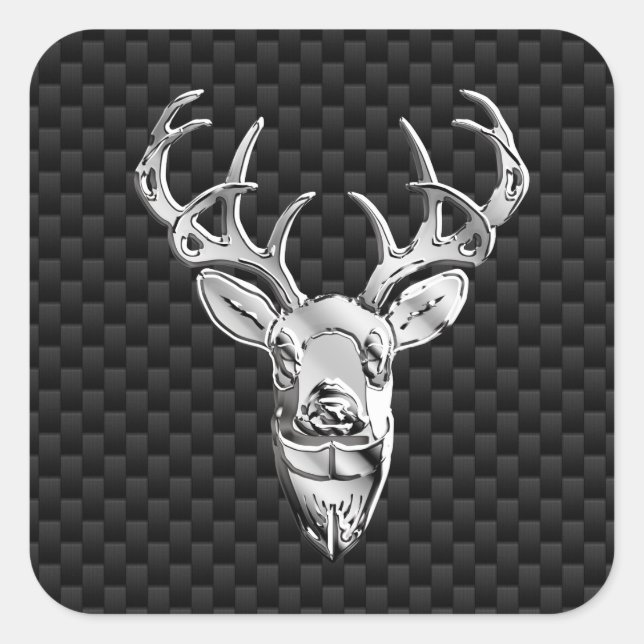 Silver Deer on Black Carbon Fibre Style Print Square Sticker (Front)