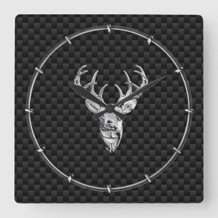 Silver Deer on Black Carbon Fibre Style Print Square Wall Clock