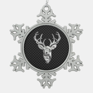 Silver Deer on Carbon Fibre Style Decor Snowflake Pewter Christmas Ornament