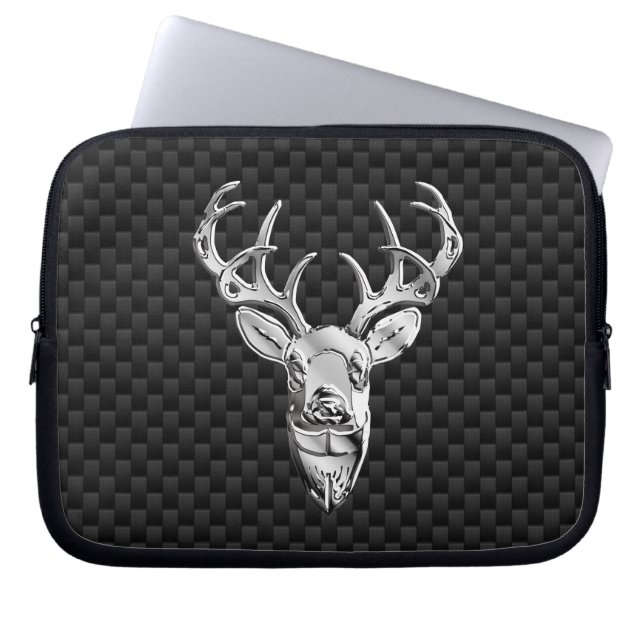 Silver Deer on Carbon Fibre Style Print Laptop Sleeve (Front)