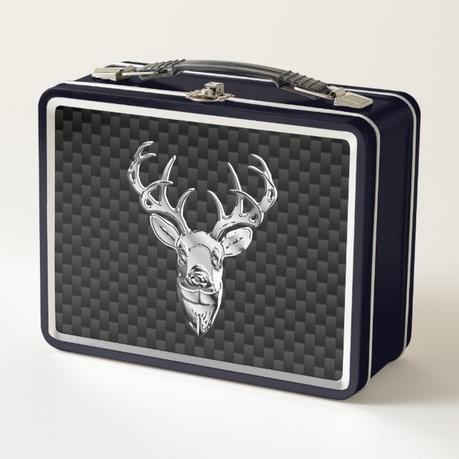 Silver Deer on Carbon Fibre Style Print Metal Lunch Box (Front)