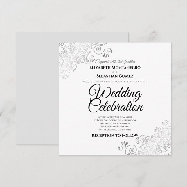 Silver Delicate Filigree Elegant Square Wedding Invitation (Front/Back)