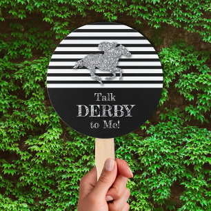 Silver Derby Race Horse Black White Stripes Hand Fan