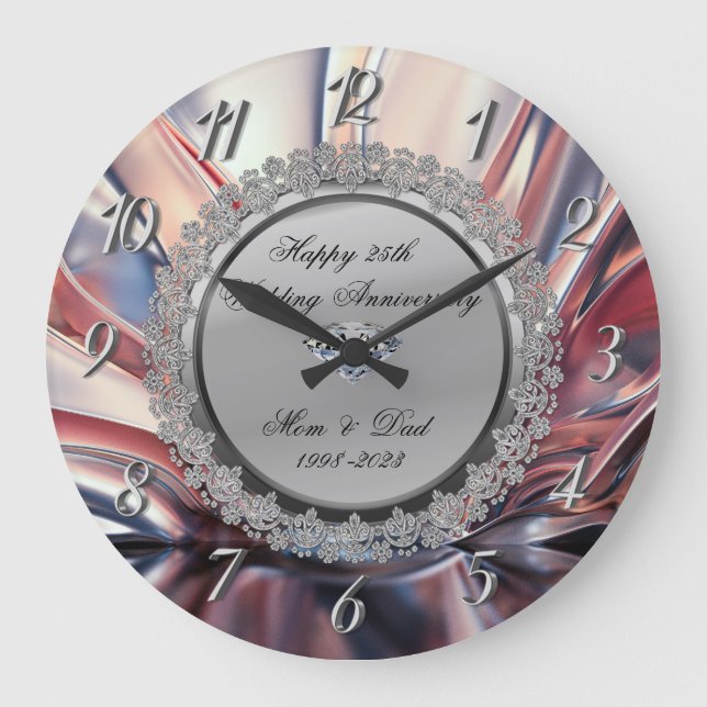 Silver Diamond Abstract  25th Wedding Anniversary  Large Clock (Front)