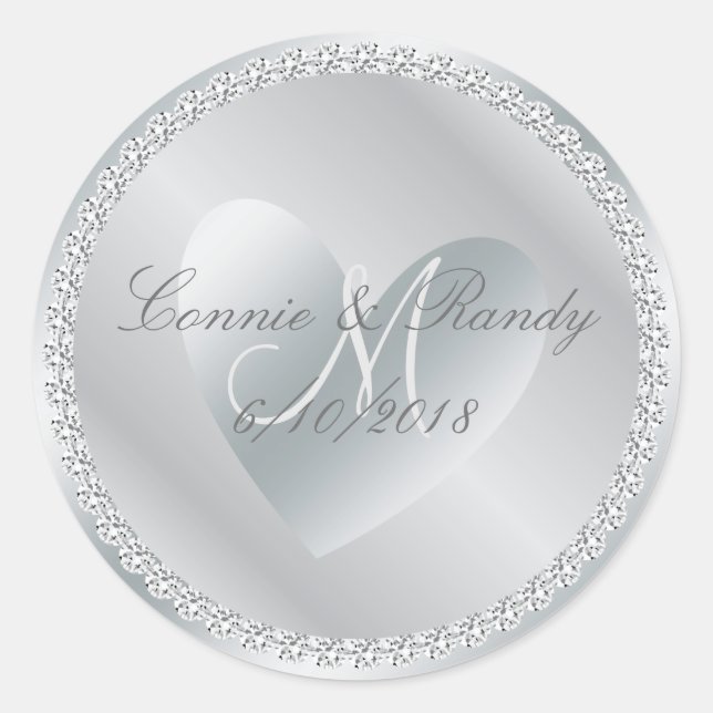 Silver Diamond and Heart Monogram Wedding Sticker (Front)
