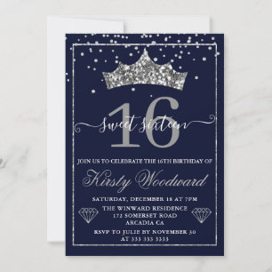 Silver Diamond Confetti Tiara Sweet 16 Invitation