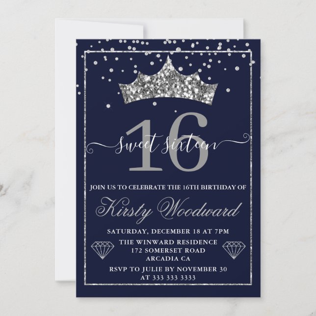 Silver Diamond Confetti Tiara Sweet 16 Invitation (Front)