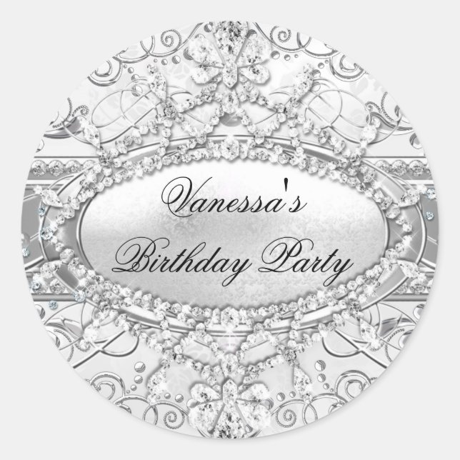 Silver Diamond & Damask Birthday Sticker (Front)