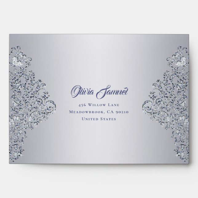 Silver Diamond Damask Wedding Envelope (Front)