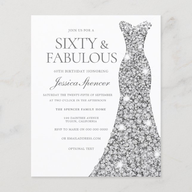 Silver Diamond Dress 60th Birthday Budget Invite (Front)