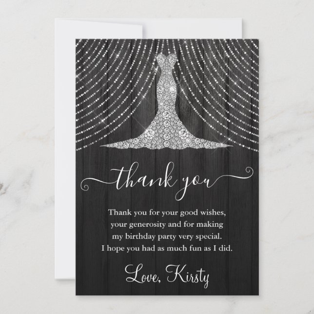 Silver Diamond Dress on Black Wood Birthday Party Thank You Card (Front)