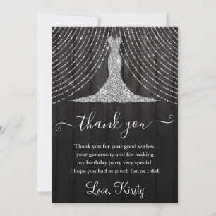 Silver Diamond Dress on Black Wood Birthday Party Thank You Card