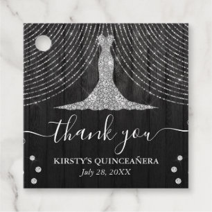 Silver Diamond Dress on Black Wood Quinceanera Favour Tags