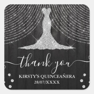 Silver Diamond Dress on Black Wood Quinceanera Square Sticker
