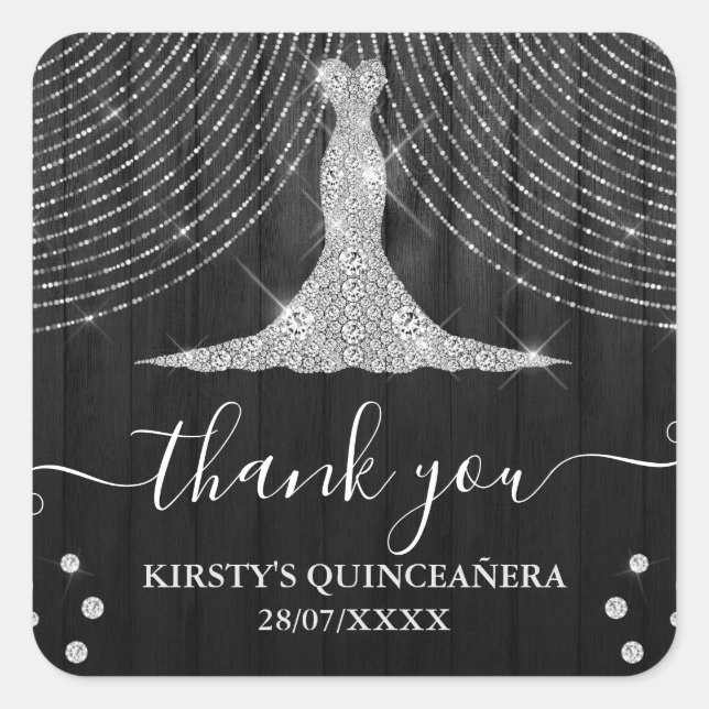 Silver Diamond Dress on Black Wood Quinceanera Square Sticker (Front)