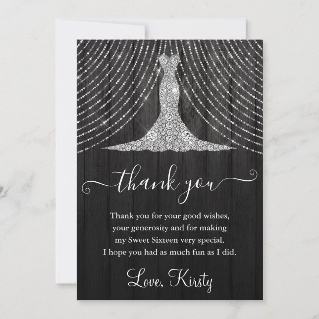 Silver Diamond Dress on Black Wood Sweet Sixteen Thank You Card (Front)