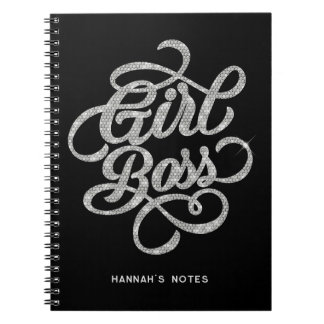 Silver Diamond Glam Girl Boss Typography Black Notebook