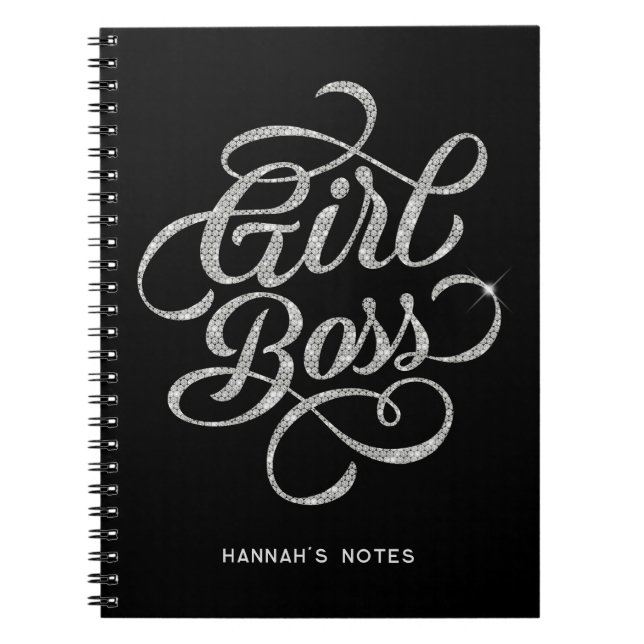 Silver Diamond Glam Girl Boss Typography Black Notebook (Front)