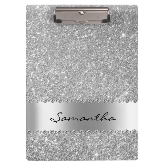 Silver Diamond Glitter Bling Girly Name  Clipboard (Front)