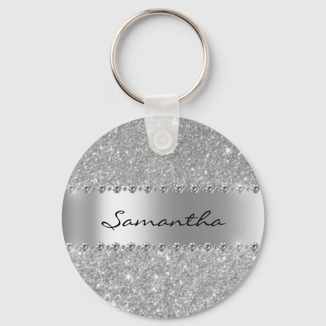 Silver Diamond Glitter Bling Metallic Monogram Key Ring (Front)